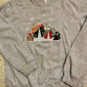 Vintage Grandmacore Winter Embroidered Snowman Gray Sweatshirt Christmas Snow